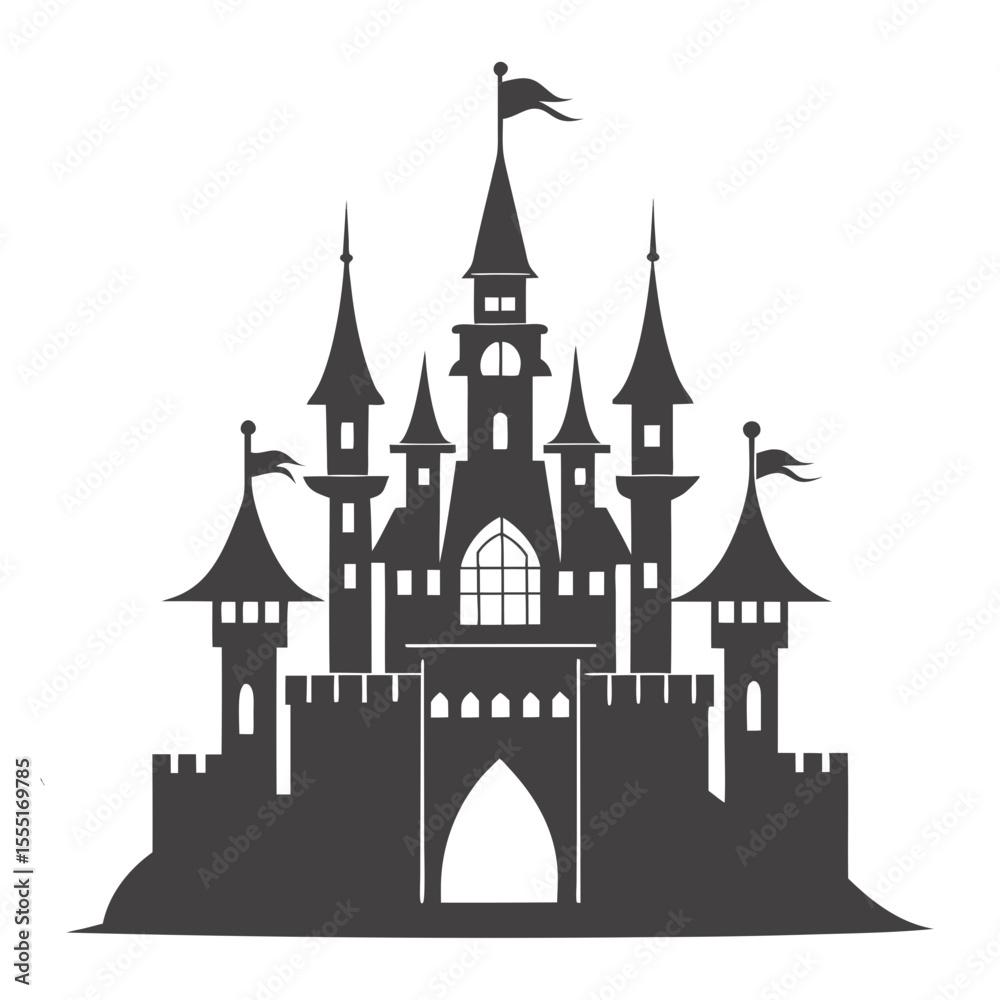 Obraz premium Majestic fairytale castle with tall spires and flags silhouette