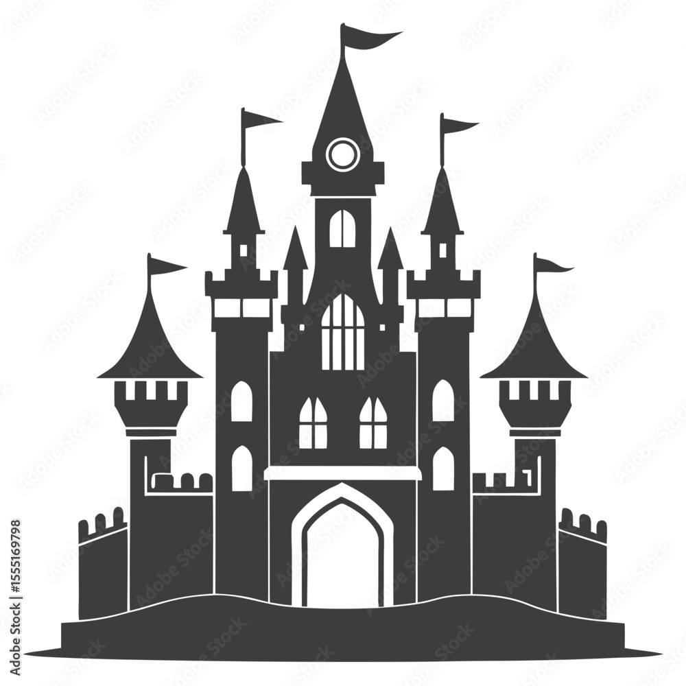 Obraz premium Majestic fairytale castle with tall spires and flags silhouette