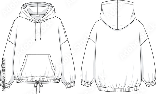Oversized hoodie flat sketch, front and back view, technical fashion drawing, casual pullover design, drawstring hoodie template, sweatshirt vector layout, unisex apparel mockup