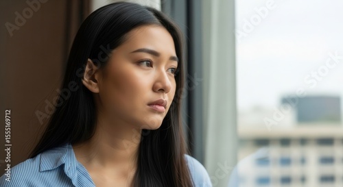 Woman gazing window with thoughtful expression