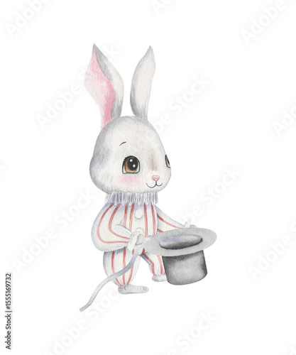 Watercolor illustration of a rabbit in a clown costume, made in soft colors. The clown pulls the ribbon out of the hat.

