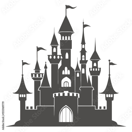 Majestic fairytale castle with tall spires and flags silhouette