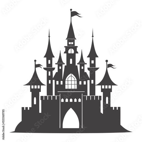 Majestic fairytale castle with tall spires and flags silhouette