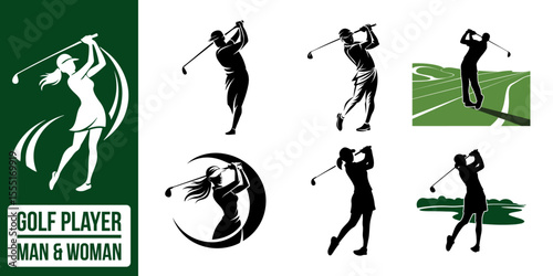 golf player silhouettes. golfer woman,lady, man, golf clipart vector illustration.