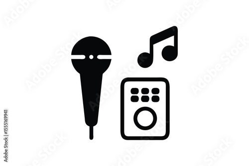 Modern minimalist black and white icon set: microphone, music notes, and audio mixer control panel; representing podcasting, music production, digital audio workstation, and creative technology.