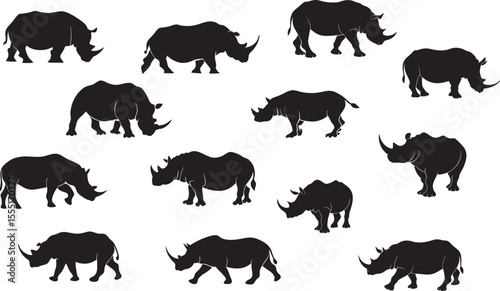 Vector sheet with 8–10 black rhinoceros silhouettes in different angles and postures — perfect for wildlife conservation designs, safari bundles, SVG crafts, and vinyl cutting