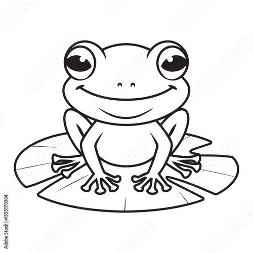 Cartoon frog sitting on a lily leaf outline vector illustration on white background.