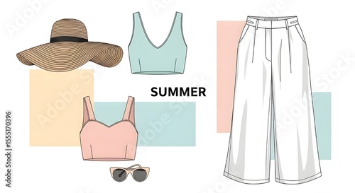 Summer Fashion Collection: Hat, Tops, Pants and Sunglasses with 
