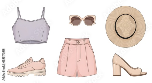 Summer Fashion Set with Pink and Beige Clothing and Accessories | Women's Casual Outfits for Vacation, Shopping and Trendy Lifestyle