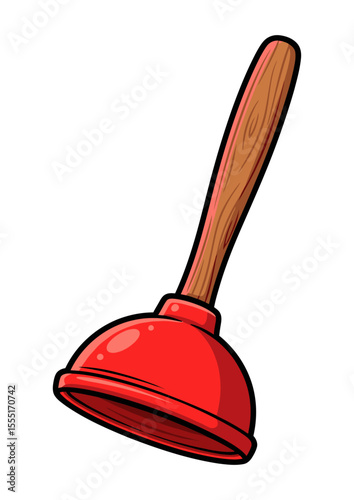 Red Plunger With Wooden Handle Vector Illustration Isolated