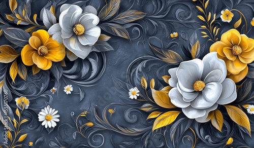 Floral design with  whimsical blossoms and intricate scrolls on a dark background