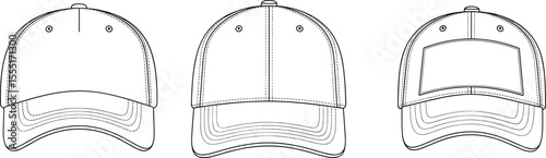 Baseball cap technical sketch, flat vector cap drawing, adjustable hat design, front view templates, embroidered patch cap outline, apparel accessories flat illustration