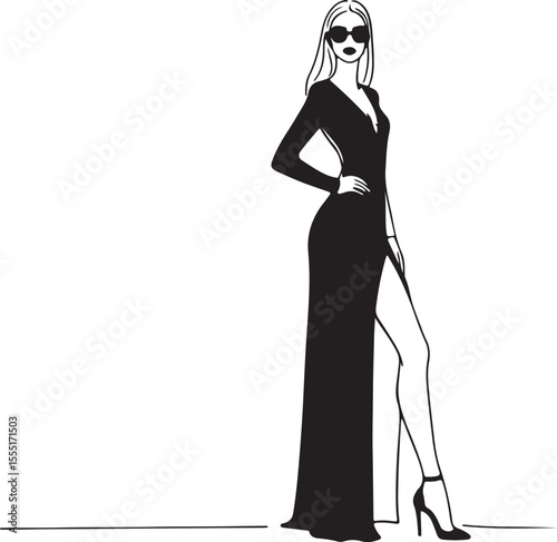 Chic silhouette of a modern fashion model with sunglasses and a long slit dress, minimalist black line art on white background, ready for print or branding Adobe Illustrator Artwork