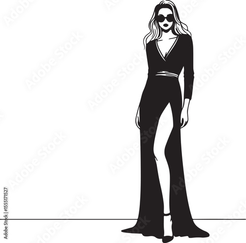 Chic silhouette of a modern fashion model with sunglasses and a long slit dress, minimalist black line art on white background, ready for print or branding Adobe Illustrator Artwork