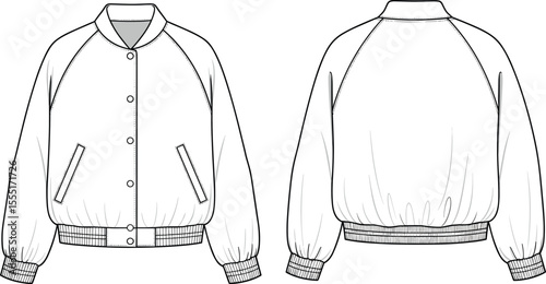 Raglan sleeve bomber jacket, front and back flat sketch, ribbed hem and cuffs, pocket details, CAD drawing, technical fashion vector, garment design illustration