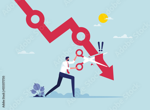 Cut loss concept. Stop losing assets from stock market volatility. stop loss Minimize losses for profit. Investor is stopping loss with the scissors
