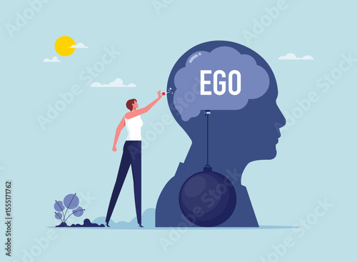 Egocentric symbol of the cult of personality, woman piercing a balloon with the word ego on it, too much proud of yourself or overconfident