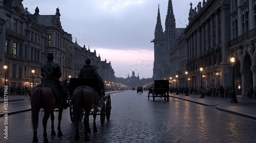Epochal Journey: A horse-drawn carriage navigates an antique, cobblestone street within a European metropolis, evoking an era of refinement and tradition, with stately architecture lining the avenues.
