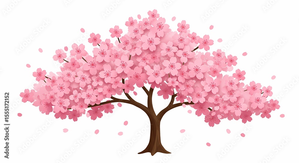 Fototapeta premium Pink Blossom Cherry Tree with Full Bloom and Falling Petals on White Background