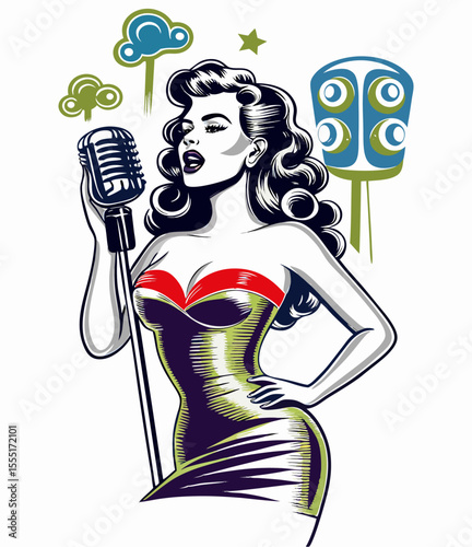 Retro Pinup Girl Singer with Microphone, Vintage Style Illustration
