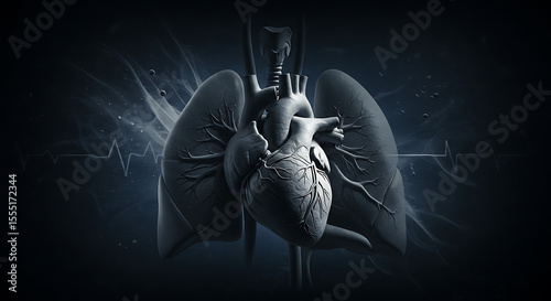 Human Heart and Lungs Anatomy Illustration, Dark Background