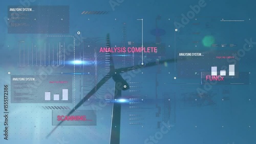 Overlay emerging around wind turbine, scanning data, analysis completing and functioning appearing