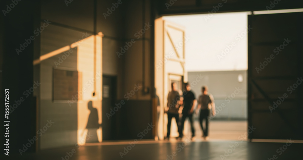 Fototapeta premium Three people walk through a large open doorway into a bright outdoor area.