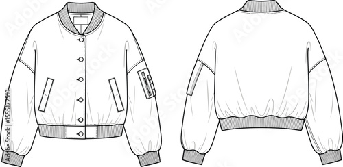 Bomber jacket technical fashion sketch, front and back view, ribbed cuffs and hem, pocket details, flat CAD drawing, vector illustration, garment design, outerwear