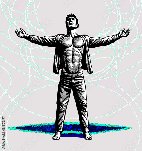 Muscular Man Open Arms, Spiritual Awakening Illustration