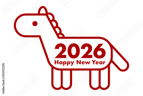 2026年午年の馬アイコン年賀状イラスト（赤ライン）