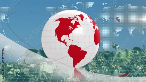 Globe emerging and ribbon orbiting with continents spinning revealing global connectivity