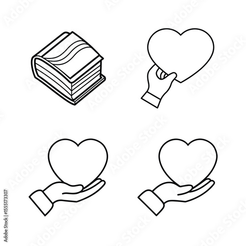 Hand Holding Heart and Book Icons Simple Line Art Illustrations