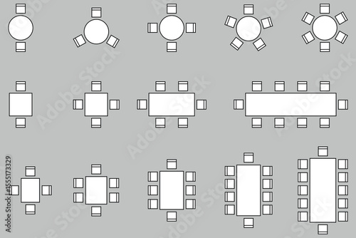 Seat plan icon set, Home, restaurant, seminar, classroom, conference, top view, chair and table, architectural plan with blueprint, customizable stroke, vector, illustration