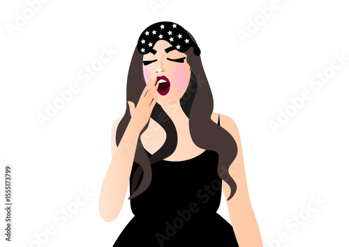 Woman yawning and getting ready for bed, rest and healthy sleep, wearing sleep glasses and black nightgown