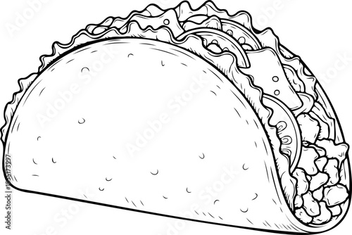 A black and white illustration of a taco, showcasing the tortilla, fillings, and toppings.