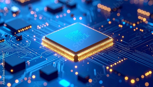 Futuristic AI Chip on Motherboard with Blue Glow