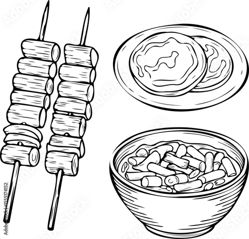 Line art illustration of food: skewers with grilled items, pancakes on a plate, and a bowl of vegetables.