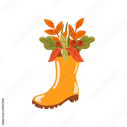 This vector illustration features a stunning autumn floral arrangement presented in a cheerful orange rubber boot. Perfect for seasonal decor, the vibrant colors bring warmth and charm to any space.