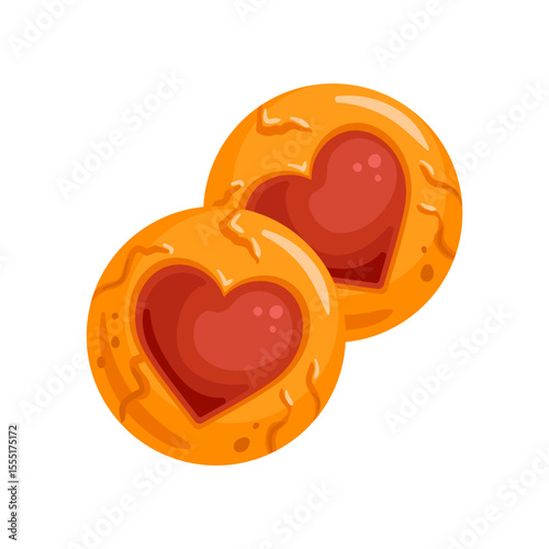 This vector illustration showcases heart-shaped cookies, beautifully filled with vibrant jam. Ideal for sweet treats, festive celebrations, and romantic occasions, adding charm to any dessert design.