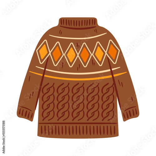 This vector illustration features a cozy brown knit sweater adorned with an eye-catching geometric pattern. Perfect for fashion designs, winter themes, and stylish apparel presentations.
