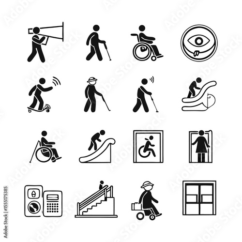 Accessibility and Disability Icons Collection | Thin Line Editable Stroke Vector Set | Handicap, Mobility Aid, Mental Health, Physical Impairment, Assistive Technology, and Inclusive Design Elements