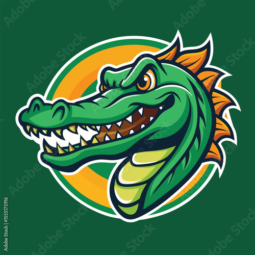 Cartoon vector illustration of a cute green reptile monster having fun