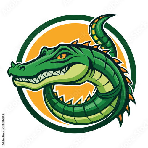 Cartoon vector illustration of a cute green reptile monster having fun