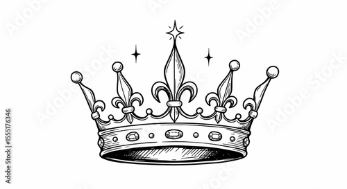 Elegant Crown with Ornate Details and Sparkling Stars in Black and White Line Art