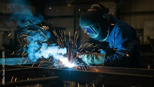 Welder working on metal structure with sparks flying indoors  