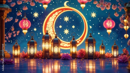 Intricate Eid Lanterns with Moon and Stars – Transparent PNG Perfect for Muslim Holiday Cards, Posters, and Spiritual Ramadan Projects