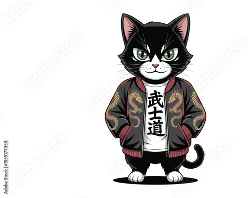Vintage anime-style yakuza cat in streetwear with katana and bold typography. Cool vector t-shirt design, perfect for anime lovers and street fashion fans.