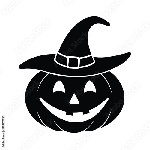 Smiling pumpkin with witch hat vector silhouette