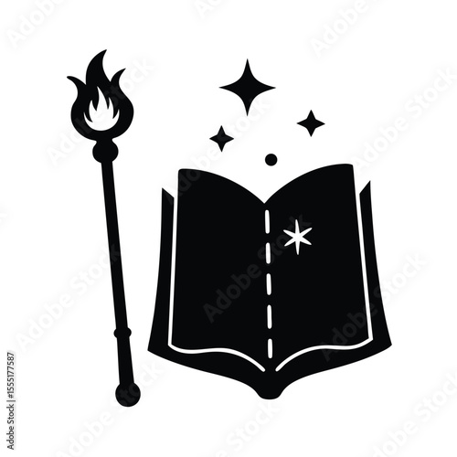 Spellbook and magic wand vector silhouette