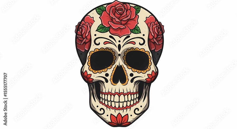 Fototapeta premium Colorful Day of the Dead Skull with Roses in Traditional Tattoo Style